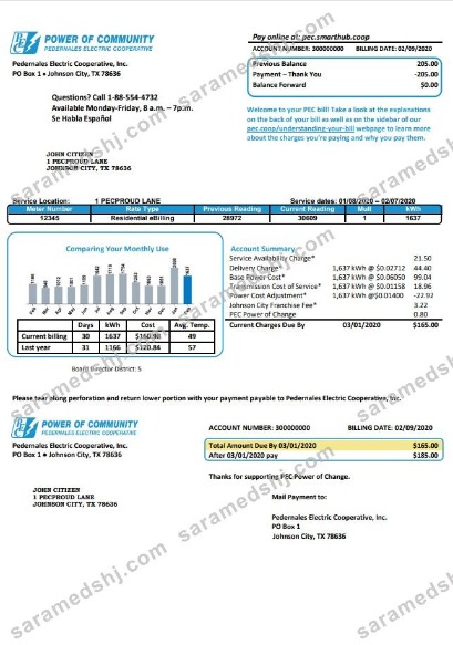 USA Texas Power of Community electricity utility bill in Word and PDF format, good for address prove